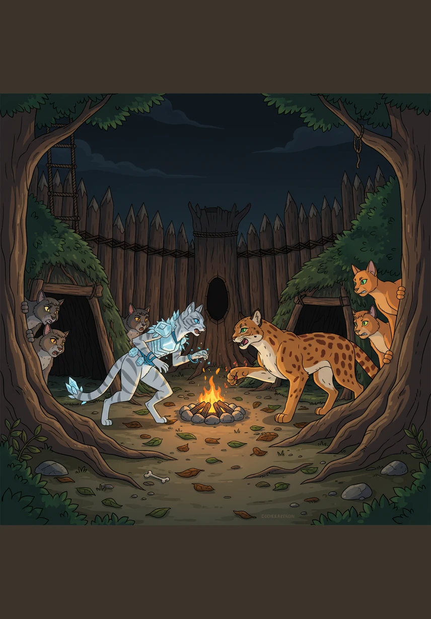 WindClan shadows slip into the ThunderClan camp during a moonless night, launching a desperate raid on the nursery. Gus and Crystalsoul stand shoulder to shoulder, fighting with fierce determination to protect the kits from the intruders.