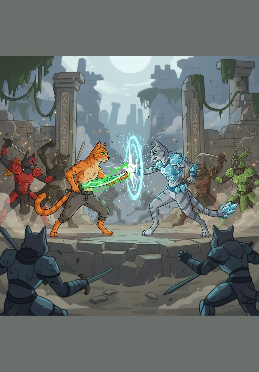 The Great Battle begins with a thunderous roar as all four clans collide in a final, desperate struggle for dominance. Gus leads a daring charge through the underbrush, his ginger coat appearing like a streak of fire amidst the whirlwind of claws and fur.