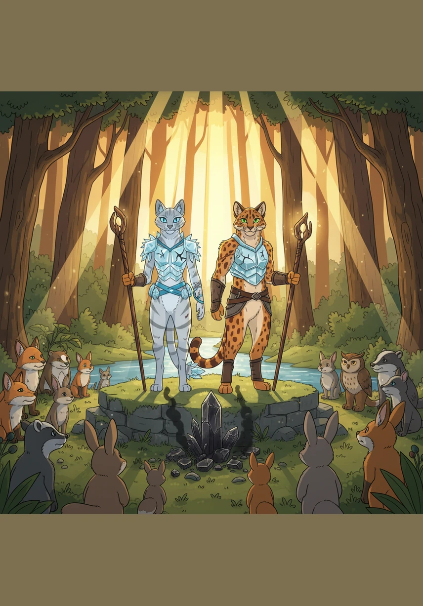 As the first rays of dawn break over the scarred battlefield, ThunderClan stands victorious among the ancient trees. Gus is honored in a sacred ceremony, standing proudly beside Crystalsoul and Jasperpaw as a true warrior of the forest.