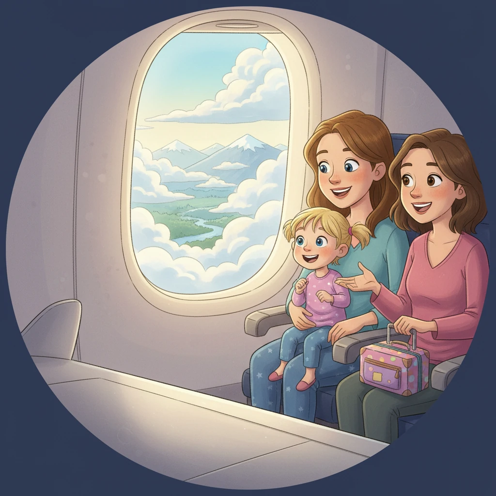 Un jour, le rêve de Mathéo devint réalité ! Il partit en avion avec sa maman, sa petite sœur Manon, et ses tantes Clémence et Laurène. L'excitation était à son comble, surtout pour son premier voyage en avion.