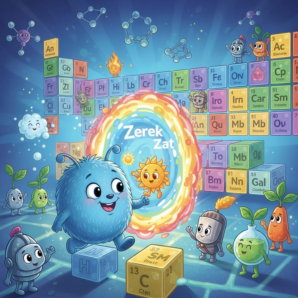 Зерек Зат химия патшалығына кірді. Ол жерде барлық элементтер периодтық кестеде орналасқан екен. Зат жаңа достар табуға және әр элементтің ерекше қасиетін білуге дайын болды.