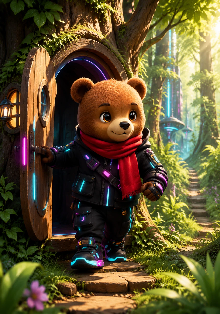 Barnaby was a little brown bear who lived in a cozy tree house. Today was his best friend Pip the squirrel's birthday, and Barnaby wanted to find the perfect present. He put on his favorite red scarf and walked out into the sunny green forest.