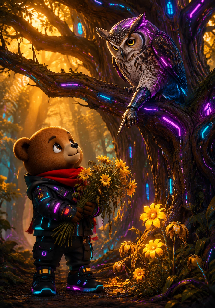 Next, Barnaby visited the tall oak tree where the wise old owl lived. He asked the owl for ideas, and the owl pointed down to a patch of bright yellow flowers. Barnaby picked a big bunch, but they quickly began to droop in the warm sun.