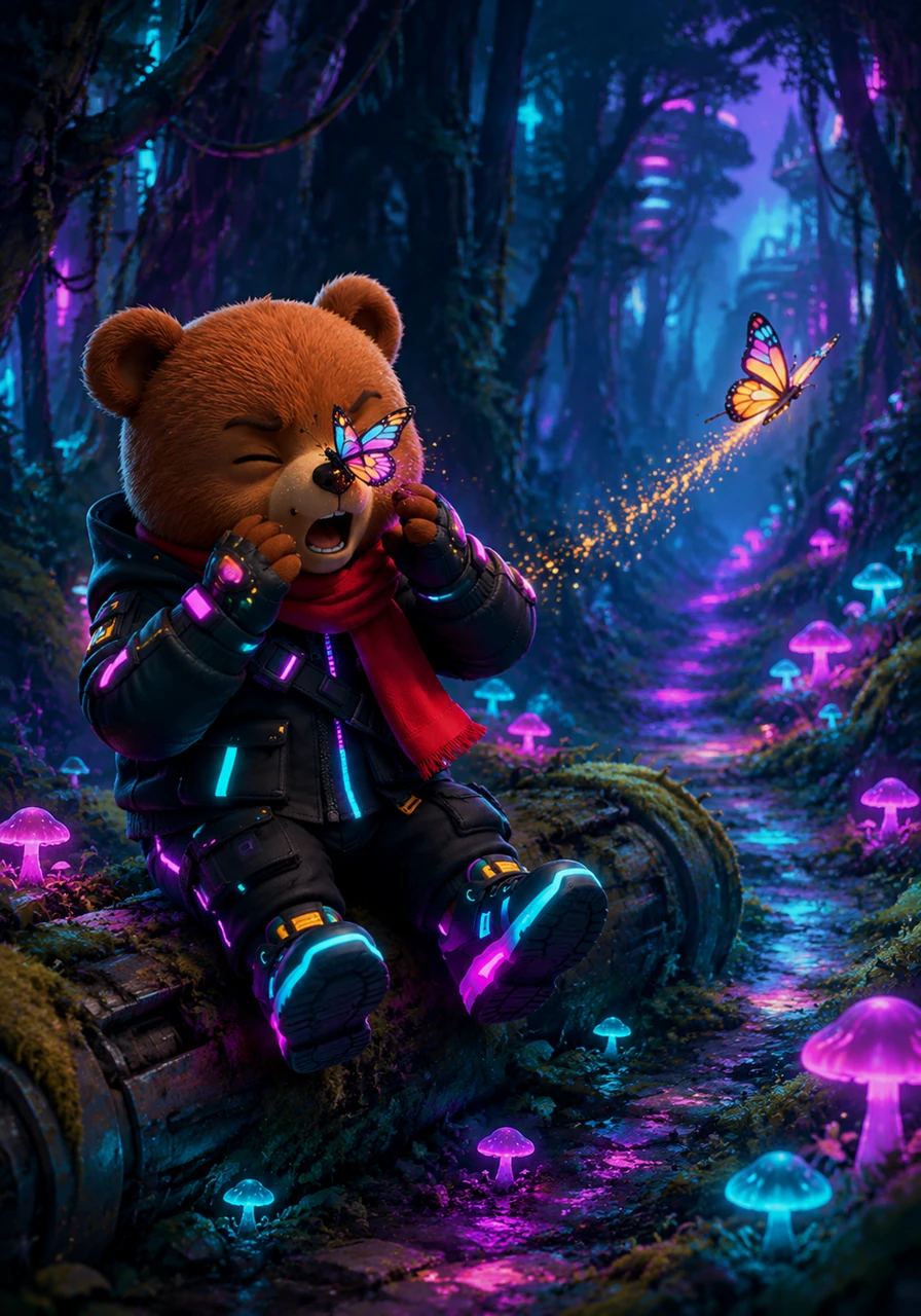Barnaby sat down on a mossy log, feeling a bit sad. Suddenly, a colorful butterfly landed gently on his nose, making him sneeze. The butterfly fluttered away, leading Barnaby toward a hidden path filled with soft, glowing mushrooms.