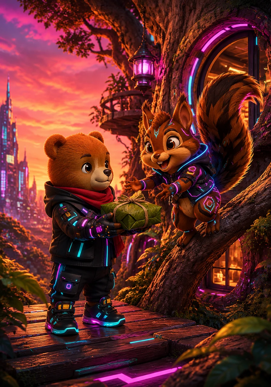 Barnaby arrived at Pip's house just as the sun began to set, painting the sky in shades of pink and orange. Pip ran down from his tree branch, his tail wagging with excitement. Barnaby proudly handed over the carefully wrapped leaf package.