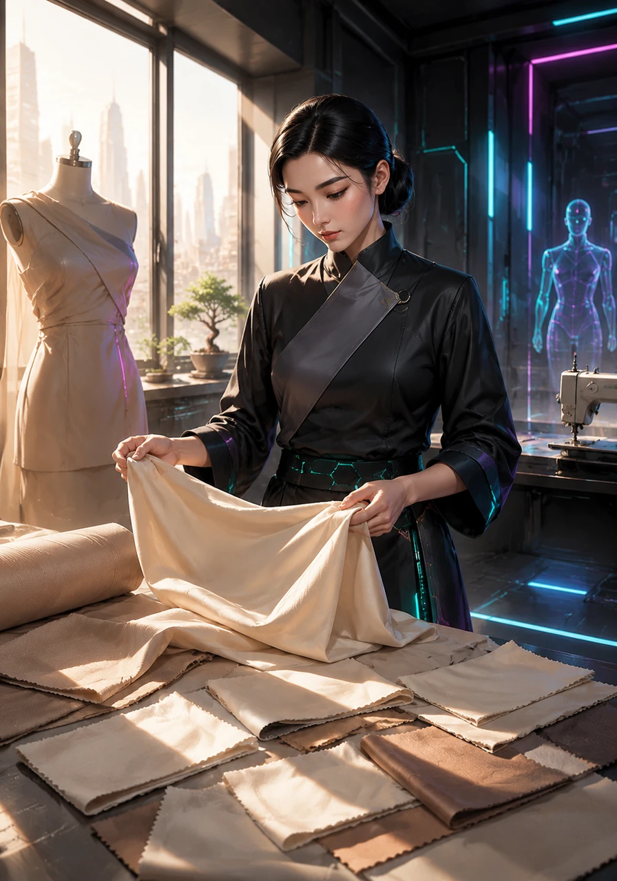 Elara begins her morning in a sunlit studio, surrounded by swatches of cream and beige fabric. She seeks to capture the feeling of a heartfelt gift in a single, timeless symbol.