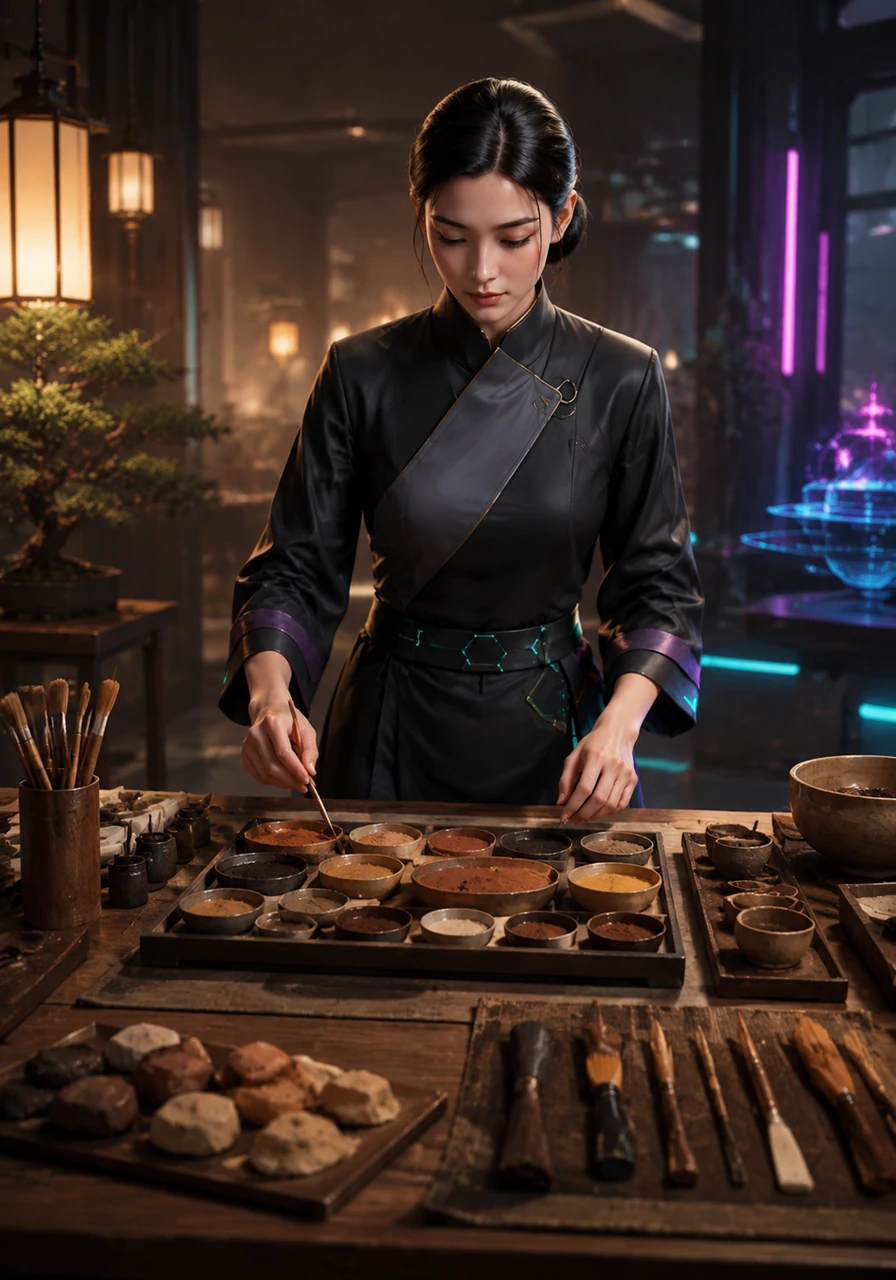 She lays out her tools, focusing on a palette of warm, earthy tones. The soft colors are chosen to evoke a sense of premium quality and handmade charm.