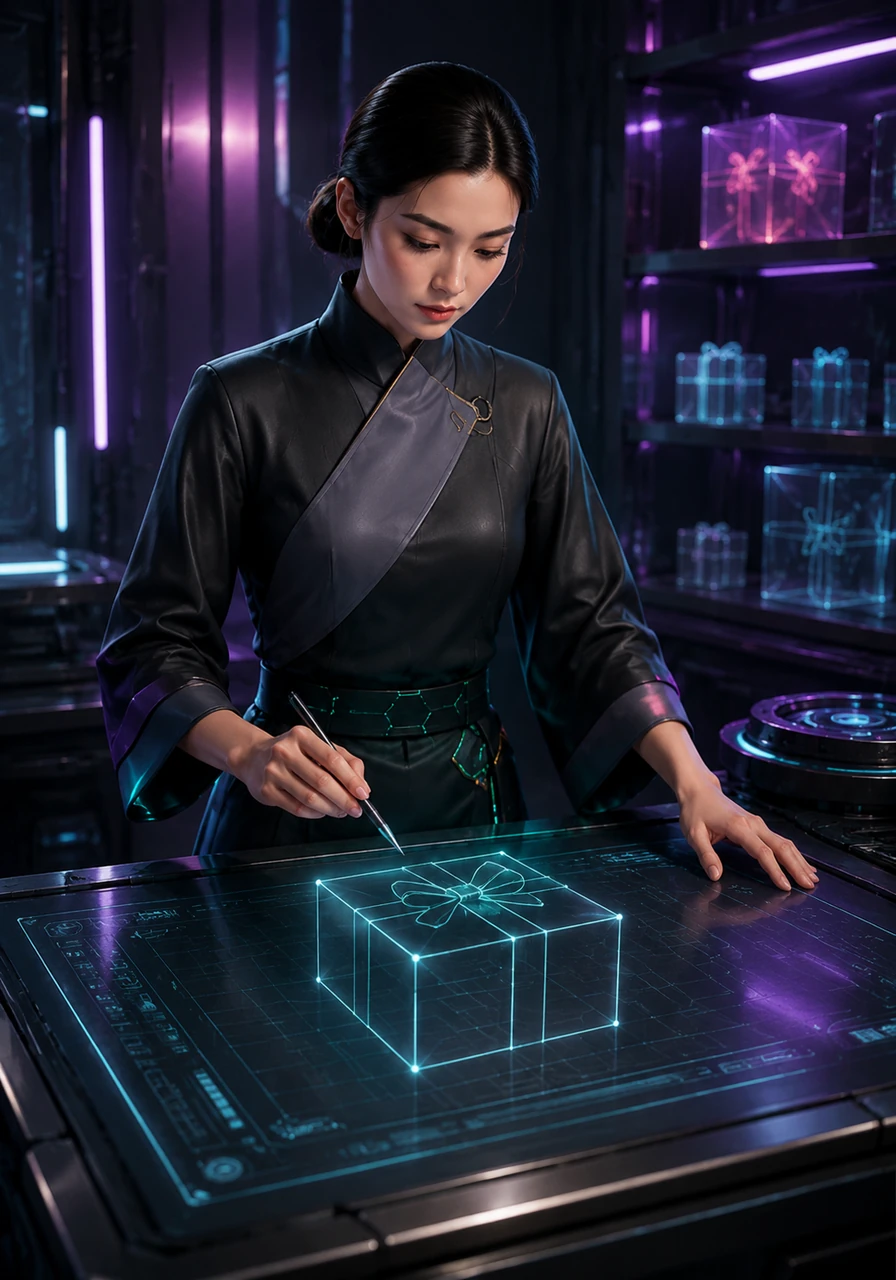 With a steady hand, she draws a minimalist vector gift box. The lines are clean and sharp, representing the structure and care put into every physical package she creates.