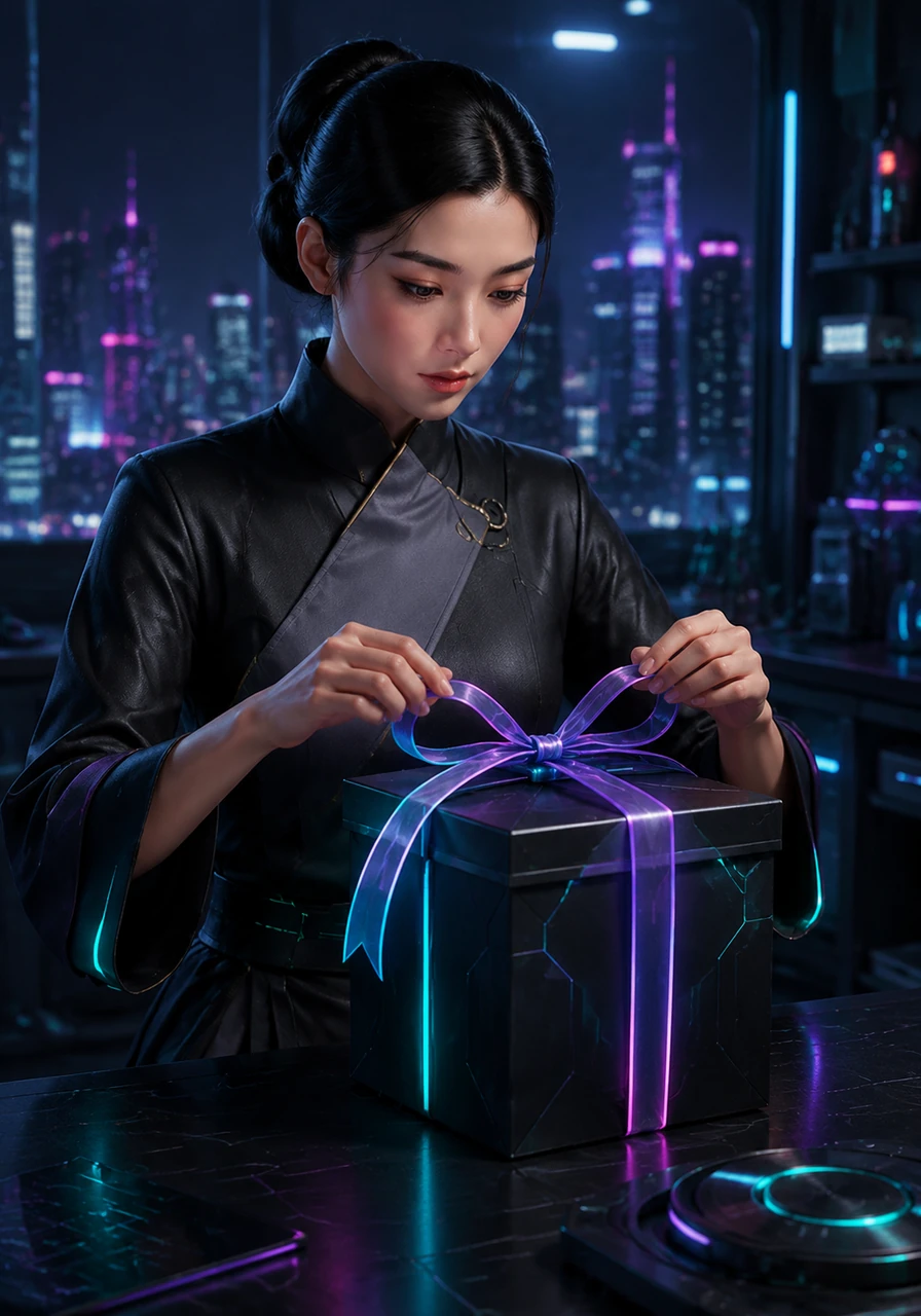 A delicate ribbon is added, curving gracefully over the top of the box. This fluid line creates a beautiful contrast against the rigid edges of the gift, symbolizing thoughtfulness.