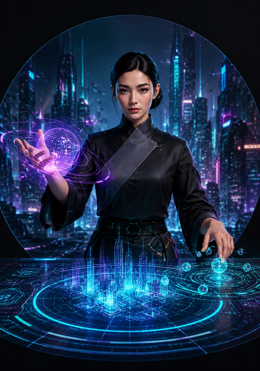 She frames the entire illustration within a perfect circle. The circular background provides a harmonious shape, essential for creating a professional and balanced digital presence.