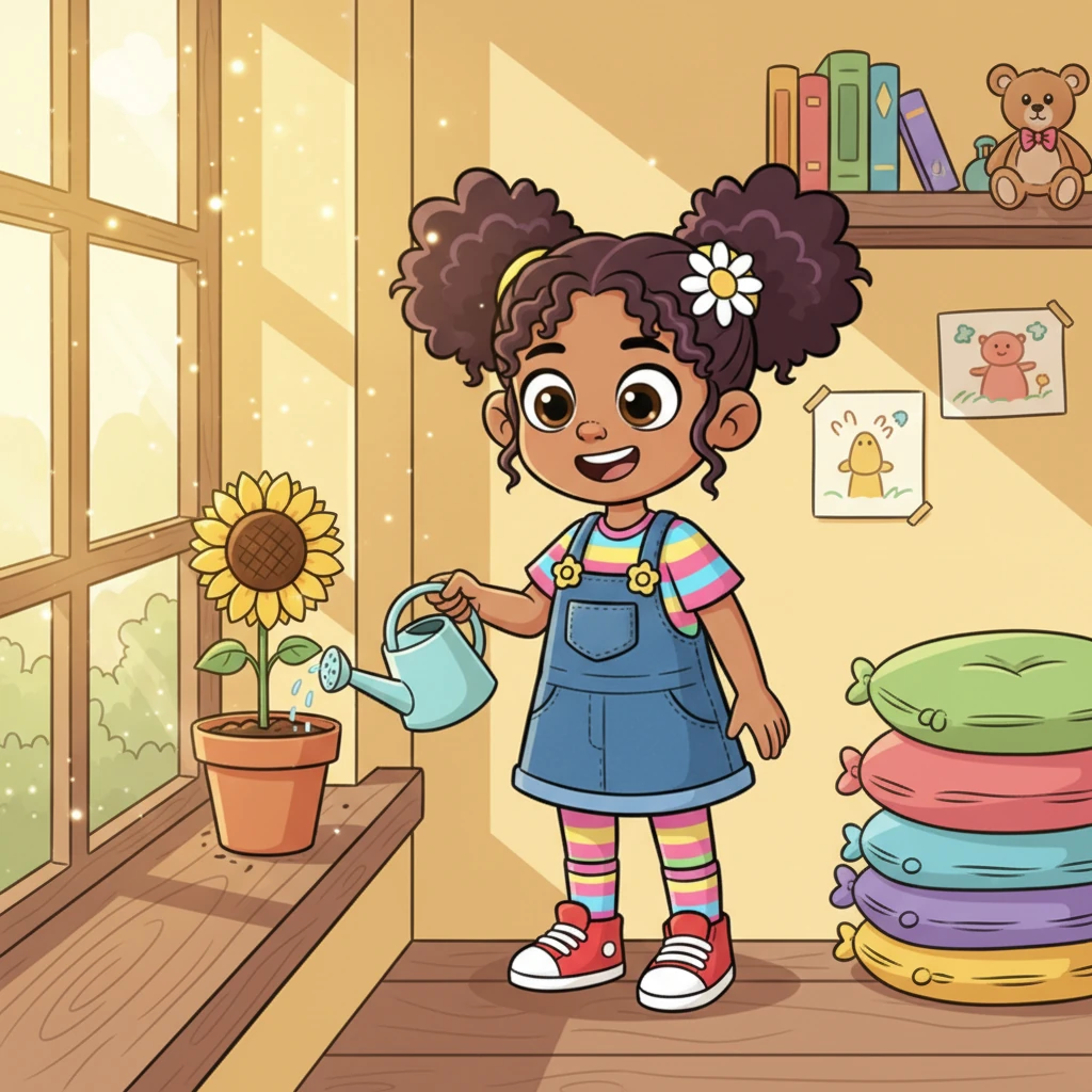 Lily, a bright-eyed girl with a daisy in her hair, is happily watering her small, vibrant potted sunflower on her windowsill. Sunlight streams into her colorful room, illuminating dust motes dancing in the air. Her smile is wide and genuine, full of simple joy.