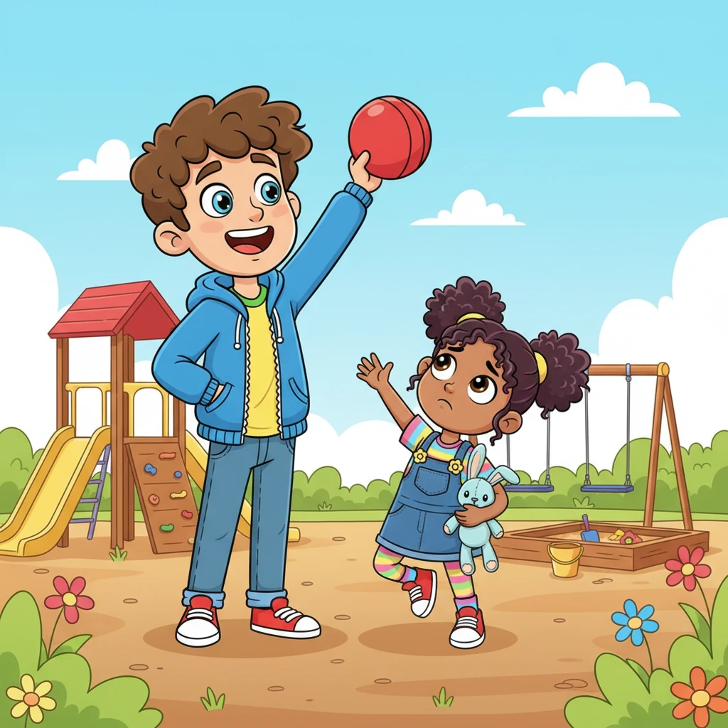 Outside, on the playground, Max, a big kid with a mischievous grin and a slightly rumpled shirt, playfully snatches Lily's favorite red bouncy ball just as she's about to catch it. He laughs loudly, holding it high above her reach, his eyes twinkling with playful teasing. Lily's face falls, her brow furrowed in disappointment.
