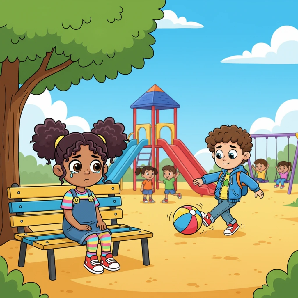 Lily sits alone on a brightly colored bench, her shoulders slumped, watching other kids play. Her bouncy ball lies forgotten near Max, who is now kicking it around by himself. A single tear rolls down her cheek, making her usually cheerful expression look small and sad against the vibrant playground backdrop.