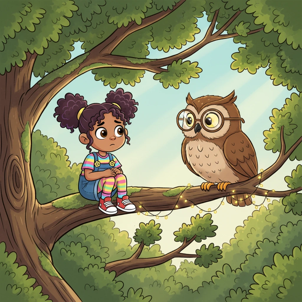 High in a sprawling, ancient oak tree, Lily confides in Professor Hoot, a wise old owl with spectacles perched on his nose, who listens intently. Professor Hoot's large, knowing eyes blink slowly as Lily explains her feelings, his feathery head tilted in sympathy. His branch is adorned with tiny, twinkling fairy lights.