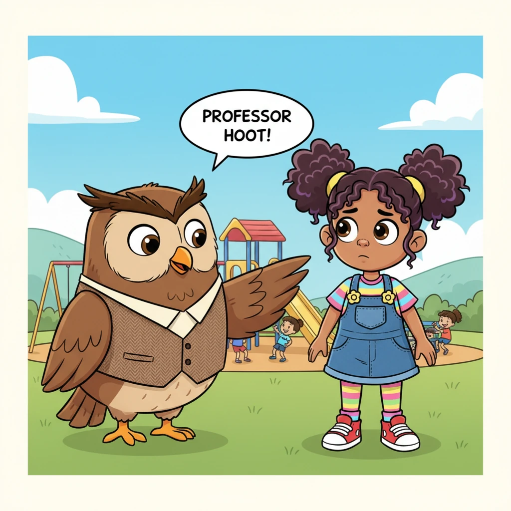 Professor Hoot gently hoots, "A little voice can make a big change, dear Lily." He encourages her with a warm, encouraging smile, gesturing with a wing towards the playground. Lily looks up, a flicker of courage sparking in her eyes, mixed with a hint of nervousness.