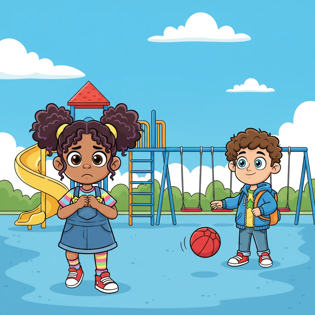 With a deep breath, Lily walks towards Max, who is still bouncing her ball. Her steps are small but determined, her hands clasped tightly in front of her. The playground equipment looms cheerfully behind them, but a quiet tension hangs in the air around Lily.