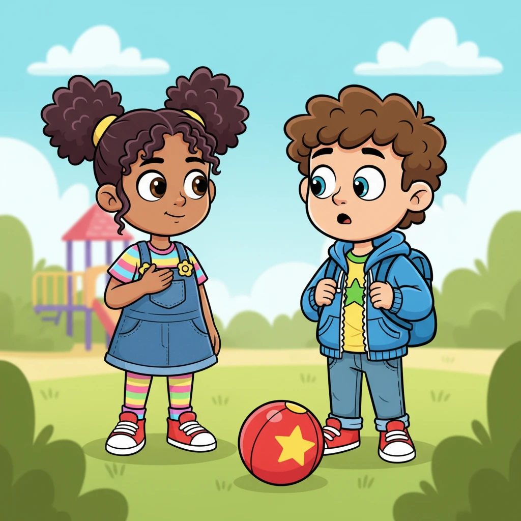 Lily stands bravely in front of Max, looking him right in the eye. "Max," she says softly but clearly, "when you take my ball and laugh, it makes me feel sad and left out." Her expression is earnest, her voice steady despite her racing heart.
