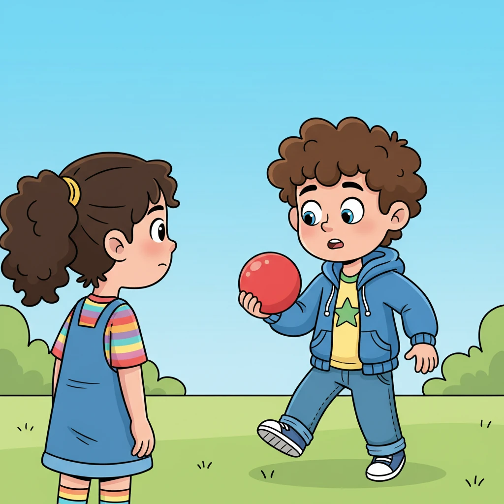 Max, mid-bounce, freezes. His wide, grinning face slowly changes to one of surprise, then a touch of confusion. He looks from Lily's earnest face to the ball in his hand, a new understanding dawning in his usually boisterous eyes. The playful sparkle in his eyes dims slightly.