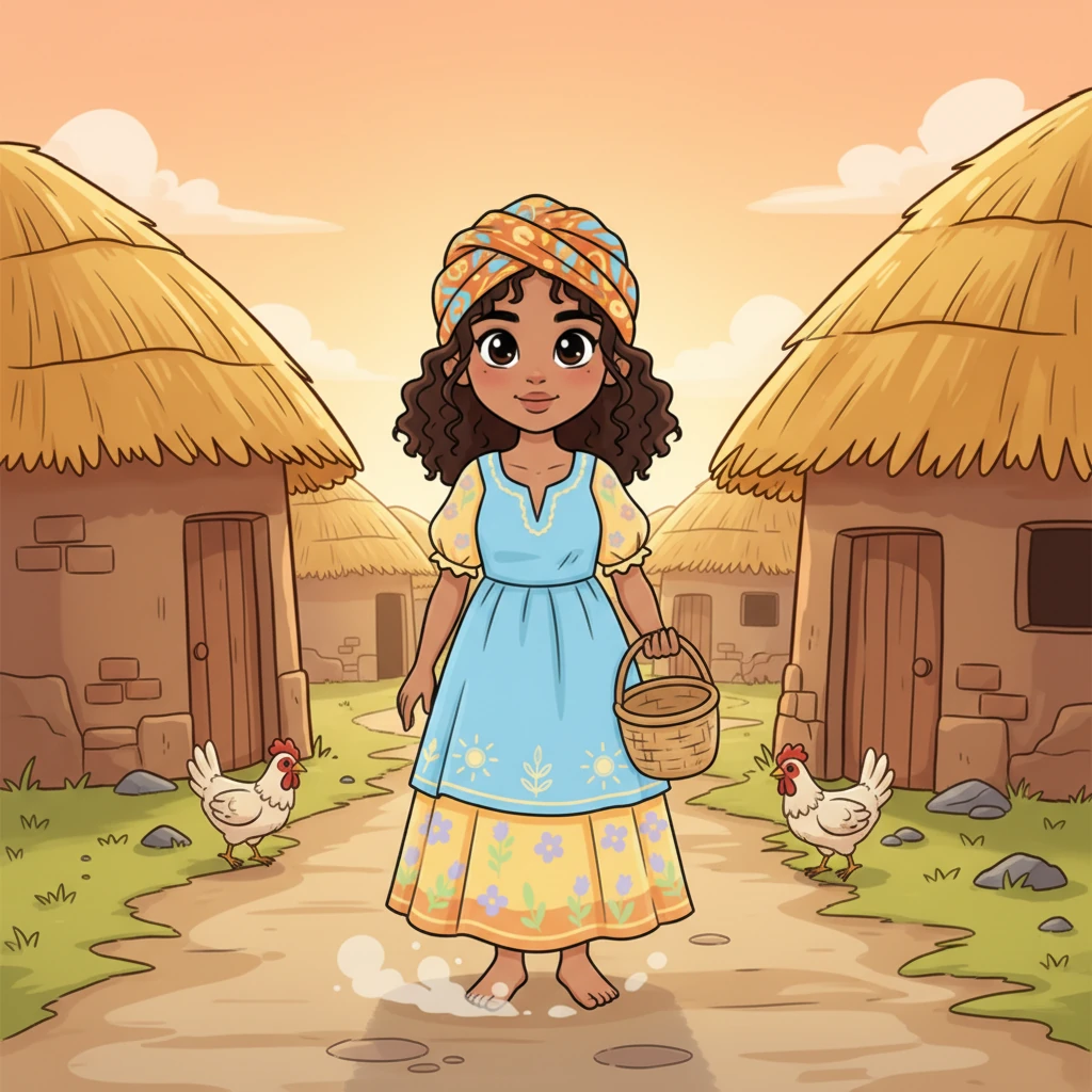 Nia, a young woman with a vibrant headwrap, steps onto a dusty path in the village of Umuoka. The morning sun, a warm orange glow, gently kisses the tops of the round, thatched roofs, making them gleam. Playful chickens peck at the ground nearby, oblivious to the quiet anticipation.