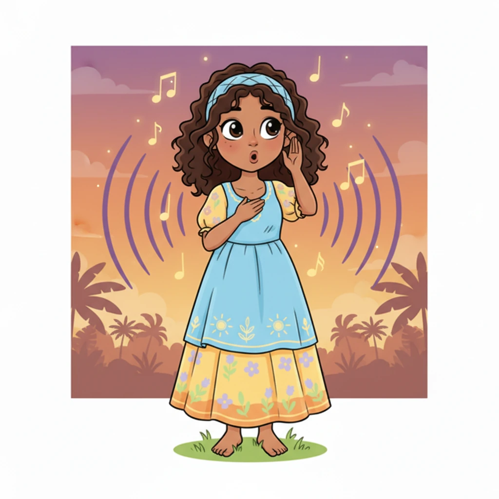 Suddenly, deep, steady drums begin to speak, their ancient rhythm vibrating through the air like a heartbeat. Behind Nia, the sounds echo from the distance, a powerful and mysterious message. The air seems to hum with their presence, signaling a moment of importance.