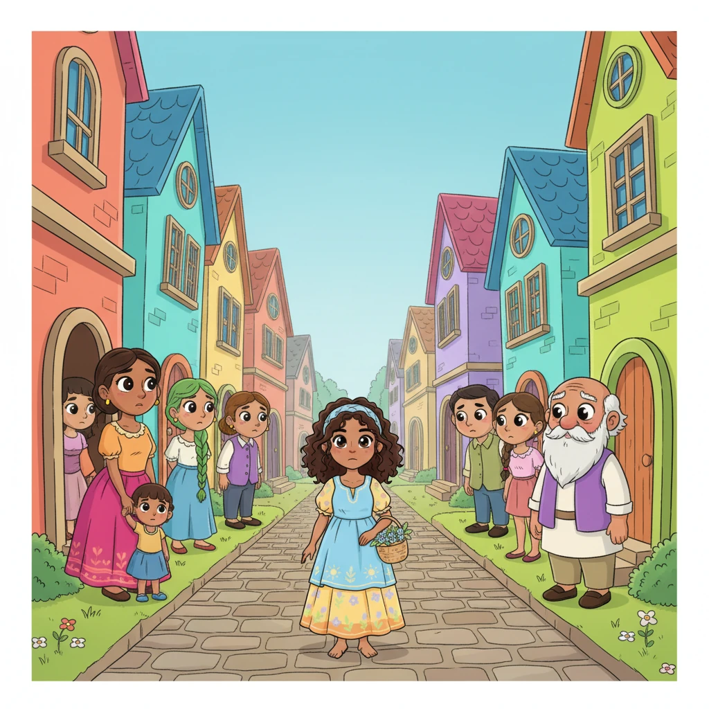 One by one, villagers emerge from their brightly colored homes, their faces a mix of curiosity and solemnity. They stand at their doorways, watching Nia with wide, expressive eyes, their silence a heavy blanket over the path. A small child peeks shyly from behind a mother's skirt.