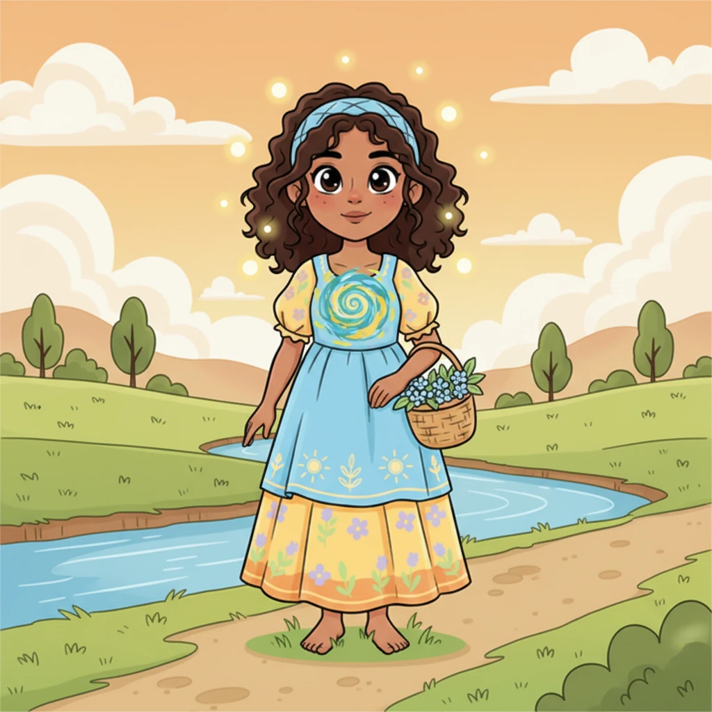 Nia’s face remains calm and composed, her posture graceful as she walks. But inside, her heart swirls with a vibrant storm of emotions, depicted by gentle, swirling patterns around her chest. Thoughts of a quiet stranger she met by the river dance in her mind like fireflies.