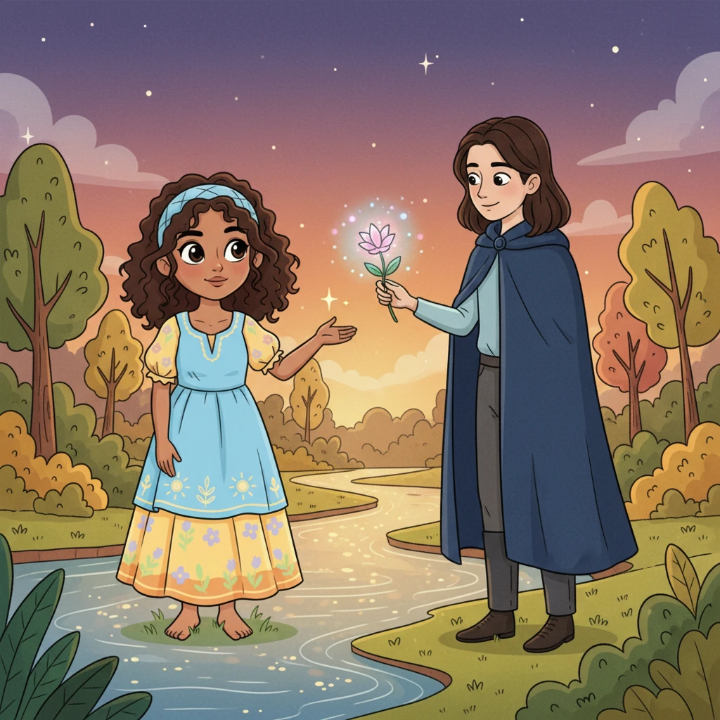 A shimmering memory flashes: Nia by the shimmering river, a gentle breeze rustling the leaves, as a mysterious stranger with kind eyes offers her a unique, glowing flower. Their hands almost touch, a spark of connection igniting between them in the serene landscape.