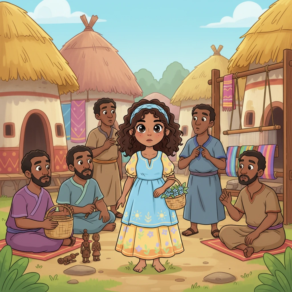 As Nia continues, she steps into the bustling village square, where the eyes of the community multiply. Men pause their intricate weaving and carving, their tools momentarily forgotten, turning their gaze towards her. The air thickens with unspoken questions and expectations.