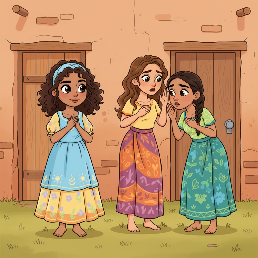 Women gather at their doorways, their colorful fabrics bright against the mud walls, their expressions a mosaic of feelings. Some beam with pride, offering soft, encouraging smiles, while others exchange worried whispers, their hands gently touching their chests. The collective gaze is intense.