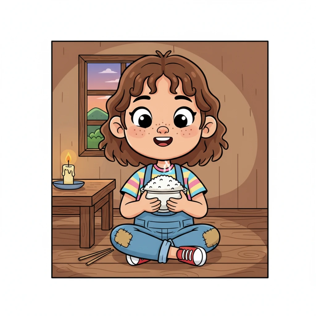 In a small, cozy village nestled among rolling green hills, lived a bright-eyed girl named Xiao-Mei. Her home was simple, but her heart was full of warmth. Tonight, her dinner was just a small bowl of plain white rice, a precious treat.