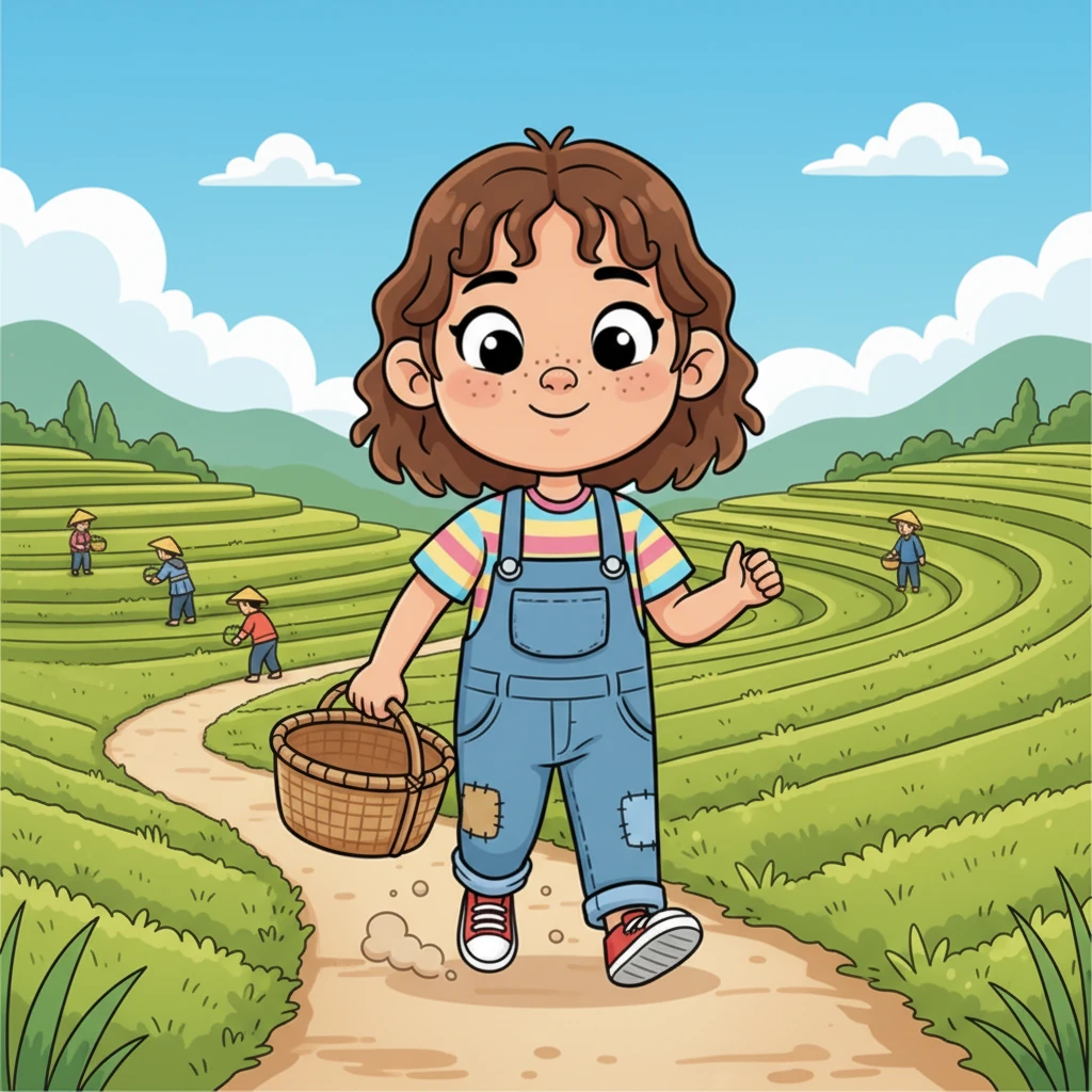 Xiao-Mei walked along a narrow dirt path, her little feet kicking up puffs of dust. The path led to the vast, green rice paddies where the villagers worked. She carried an empty basket, ready to fill it with nature's bounty.