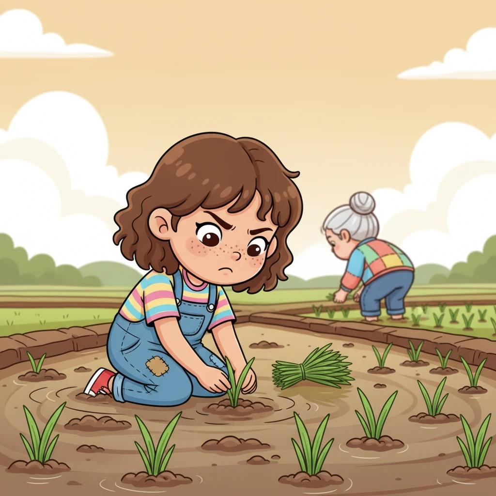 With nimble fingers, Xiao-Mei carefully planted tiny rice shoots into the muddy earth. Each little plant was a promise of food for her family. She focused hard, her brow furrowed in concentration as she worked alongside the grown-ups.