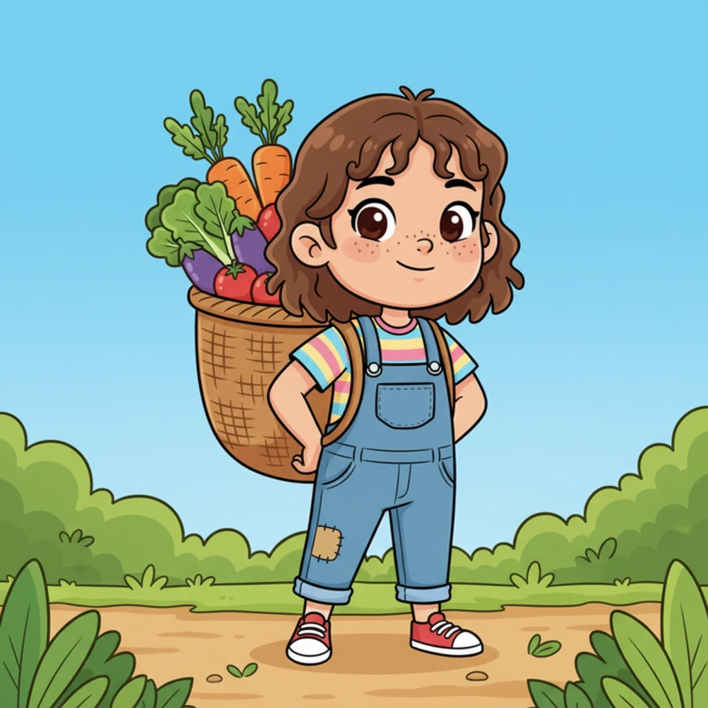 Soon, it was time to carry the harvest. A large, woven basket, heavy with fresh vegetables, was gently placed on Xiao-Mei's back. The straps felt a bit heavy, but she stood tall, knowing her efforts helped her family.