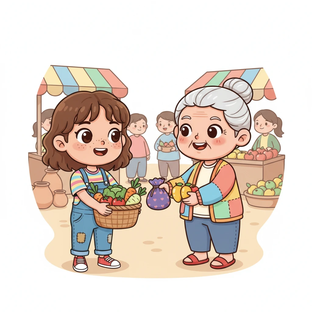At the bustling village market, Xiao-Mei proudly exchanged her basket of vegetables with a kind vendor. In return, she received a small bag of precious rice and a few extra treats. Her eyes sparkled with happiness.
