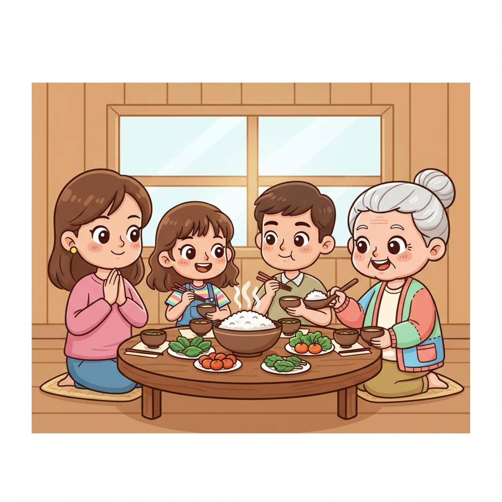 Back home, the simple meal of rice and fresh vegetables was shared with her loving family. Everyone gathered around the low table, their faces glowing with gratitude and contentment. It was a feast of love and hard work.