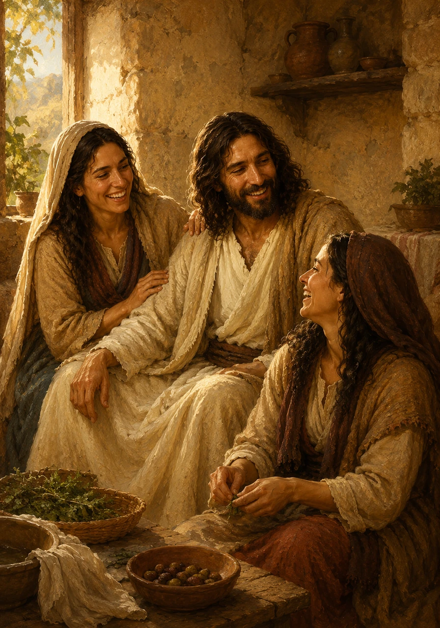 In the sun-drenched village of Bethany, Lazarus lived a happy and peaceful life. He spent his days sharing laughter and warmth alongside his two loving sisters, Martha and Mary, inside their cozy stone home.