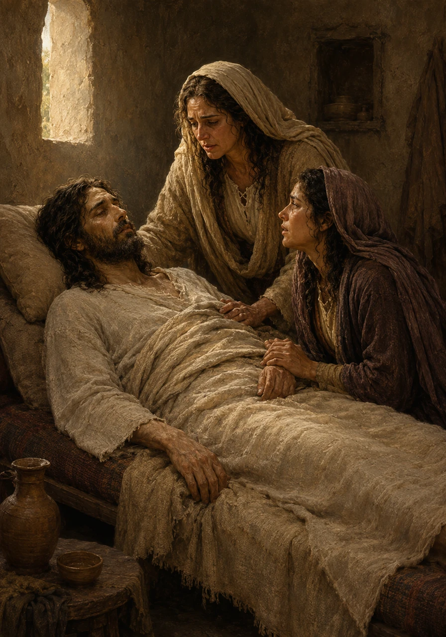 One quiet afternoon, a sudden illness swept over Lazarus, leaving him weak and bedridden. Filled with deep concern, Martha and Mary hurried out to find Jesus, sending an urgent message that his dear friend was desperately sick.