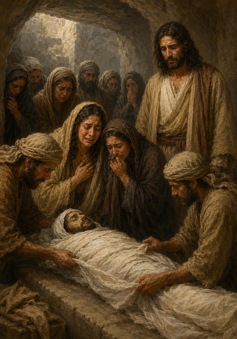 A heavy sorrow filled the home as Mary and Martha wept for their brother. Neighbors gathered around to comfort the grieving sisters, wrapping Lazarus in linen cloth and laying him to rest inside a quiet, cool cave tomb.