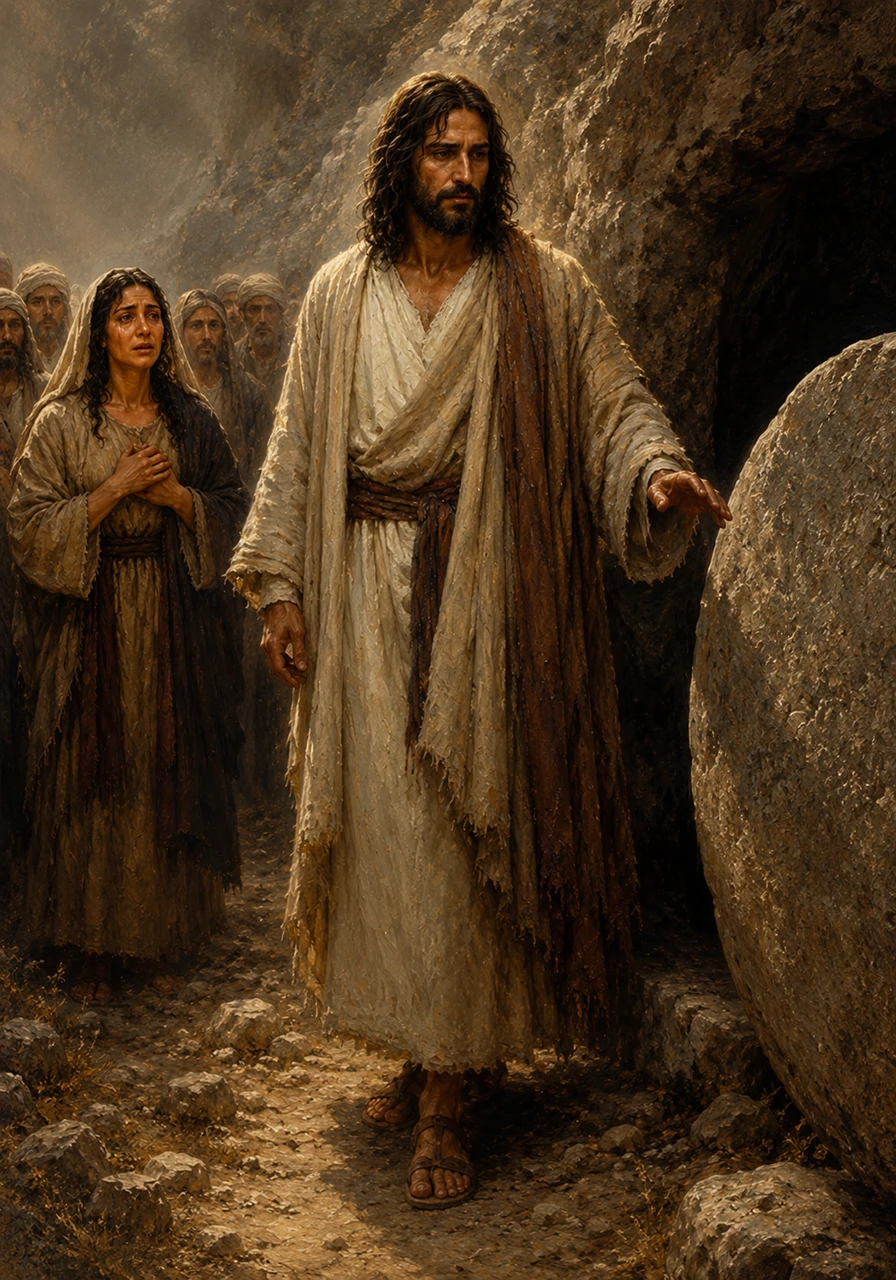 Deeply moved by the family's immense sorrow, Jesus walked resolutely toward the dark entrance of the cave tomb. The crowd watched in breathless silence as he stood before the heavy stone, preparing to speak.