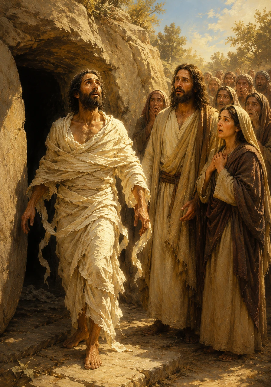 To the amazement of the crowd, a figure wrapped in linen cloths stepped out from the darkness and into the bright sunlight, completely alive and healthy. Lazarus looked around, breathing the fresh air as the miracle of life restored him entirely.