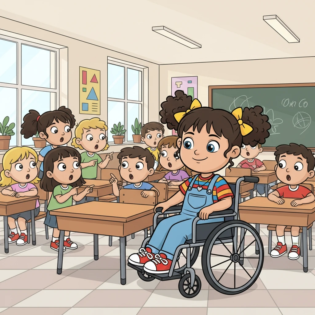 The classroom was bright and filled with chatter. Some students whispered and pointed, while others simply stared. Fernanda wheeled herself to an empty desk, feeling a mix of excitement and apprehension about starting the school year.