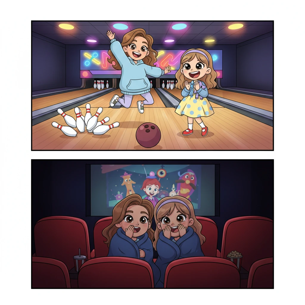 To escape their 'annoying' friends, Tanisha and Ishaanya secretly snuck away for a night of pure fun. They bowled strikes and spares with exaggerated glee, then huddled together in a dark cinema, giggling at a movie. It was their own little adventure, a perfect secret shared only between them.