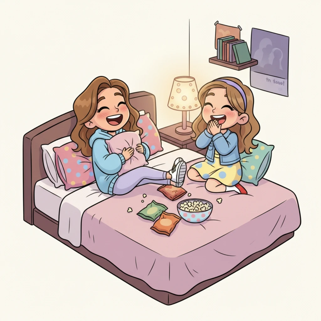 Late one night, sprawled on a comfy bed, they dissolved into fits of giggles while deluding themselves over their college crushes. They whispered silly theories and shared ridiculous fantasies, their faces flushed with excitement and embarrassment. It was a moment of pure, unadulterated teenage fun and bonding.