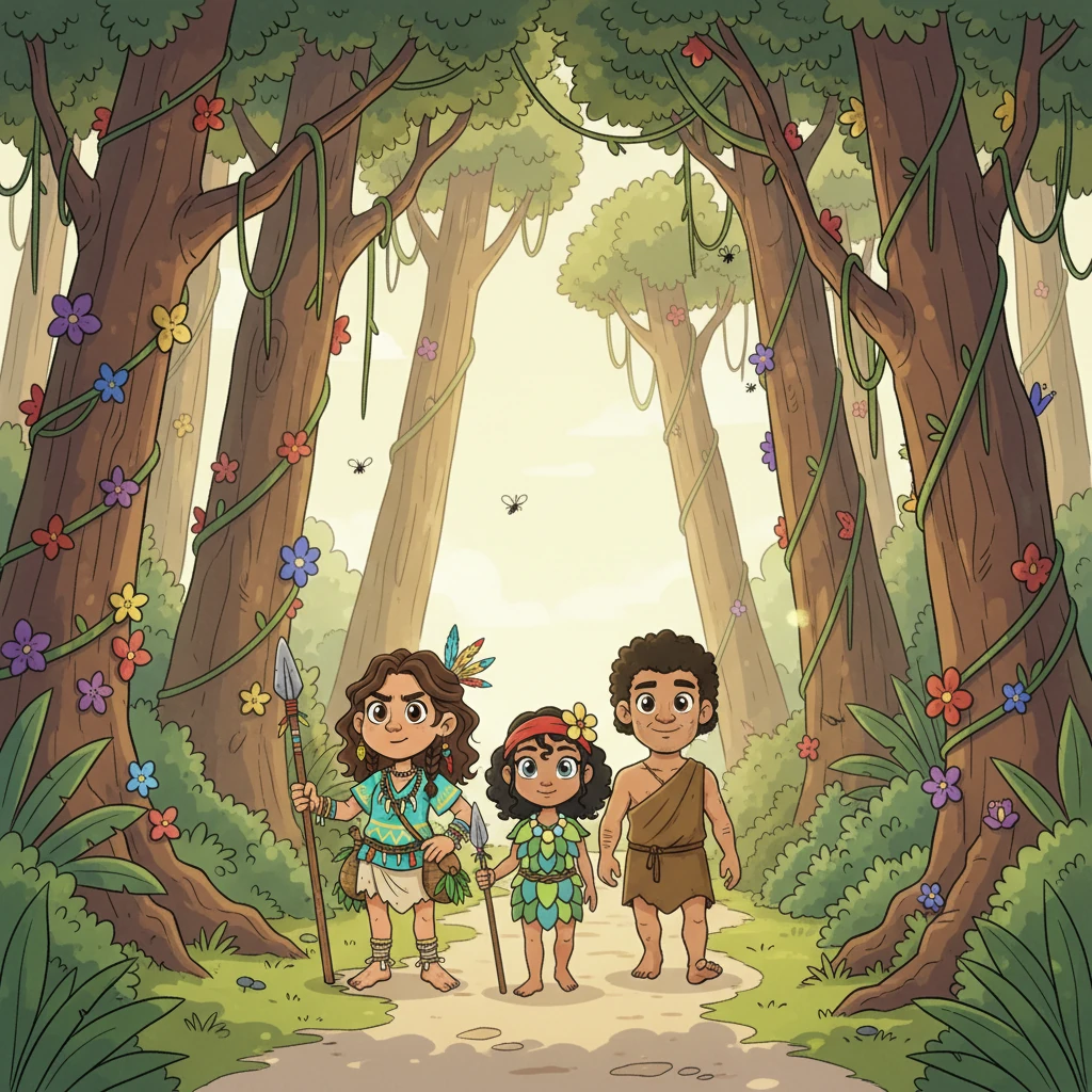 One bright morning, Koa joined his hunting party, their spears gleaming faintly as they ventured deeper than usual. They followed faint animal tracks, passing towering trees draped with colorful vines and blossoms. The air hummed with the jungle's lively secrets.