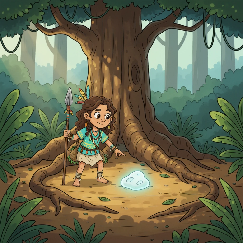 Near an ancient, gnarled tree with roots like giant sleeping anacondas, Koa noticed something peculiar. A small, sun-drenched clearing revealed a strange, pale form on the ground, unlike any animal or plant his tribe had ever encountered. It was a quiet, mysterious spot, beckoning them closer.