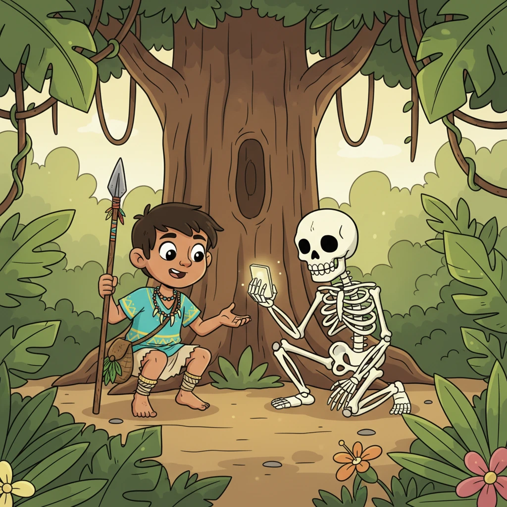 Closer inspection unveiled a complete skeleton, bleached white by time, resting peacefully against the tree. One bony hand remained perfectly intact, reaching out, clutching a small, smooth, rectangular object. It was unlike anything Koa had ever seen in all his days.