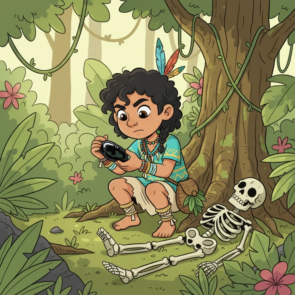 With a curious frown, Koa gently pried the strange object from the skeleton's grip. It felt cool and smooth in his palm, with a dark, shiny surface that reflected the jungle's green. He turned it over, wondering if it was a peculiar stone, a strange fruit, or something else entirely.
