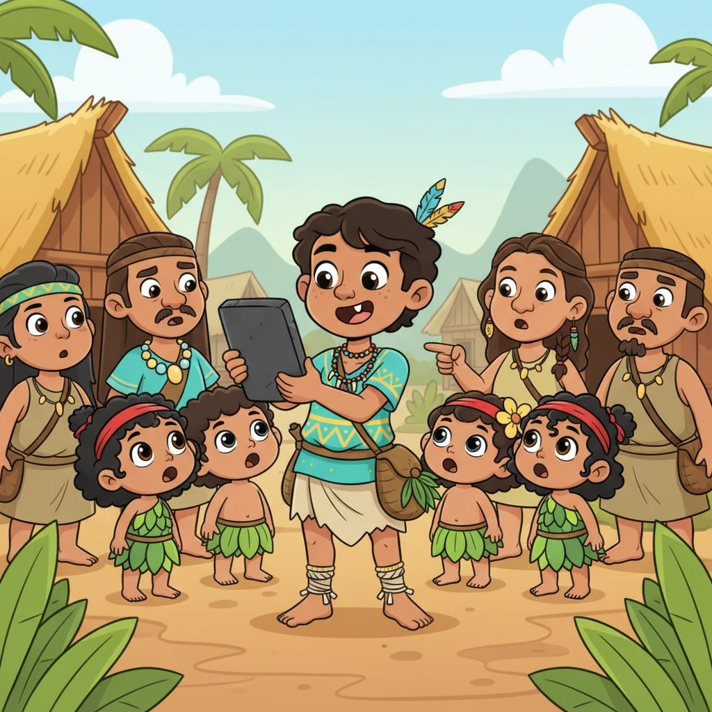 Back in the bustling village, Koa held up his mysterious find for his tribe to see. Children gathered with wide, wondering eyes, and adults murmured, pointing at the smooth, dark rectangle. It was an object of complete mystery, a silent enigma in their simple, natural world.