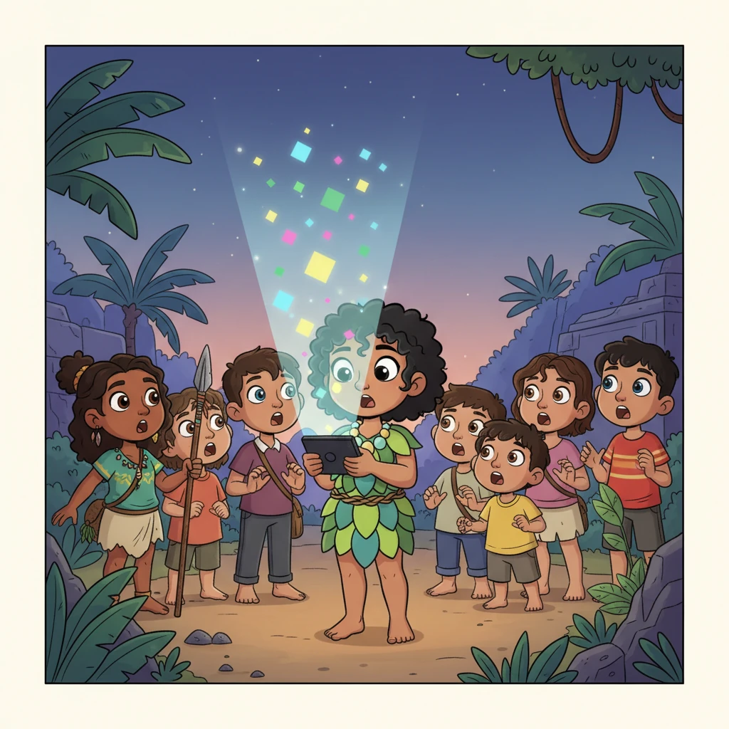 Unable to resist, Koa took the object back and pressed a tiny button on its side. Suddenly, a faint, ethereal glow emanated from the dark surface, briefly showing colorful squares and lines before fading away. Gasps of astonishment rippled through the gathered crowd.