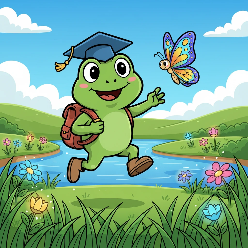 Sapinho Sabichão partiu, saltitando alegremente pela grama verde. Ele encontrou uma linda borboleta colorida, que voava graciosamente. A borboleta lhe deu dicas sobre o caminho e falou sobre as flores mágicas que cresciam perto do lago.